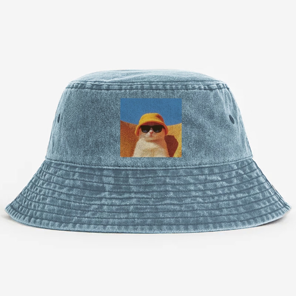Cool Cat In Yellow Bucket Hat Streetwear Retro Vintage Washed Bucket Hat