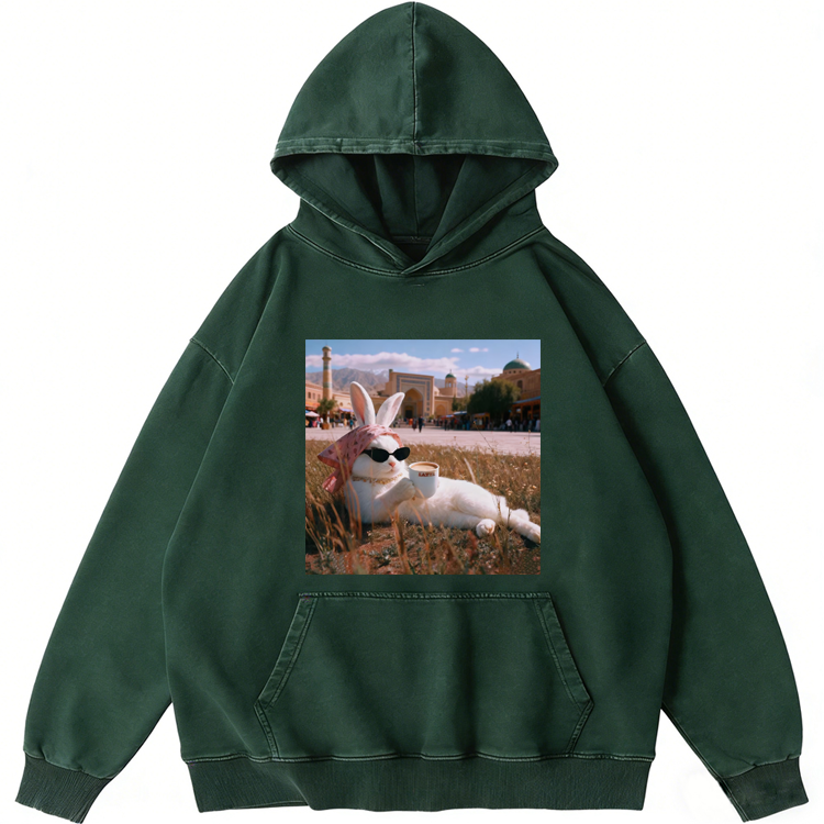 Rabbit Drinking Tea Uyghur Style Retro Washed Hoodie