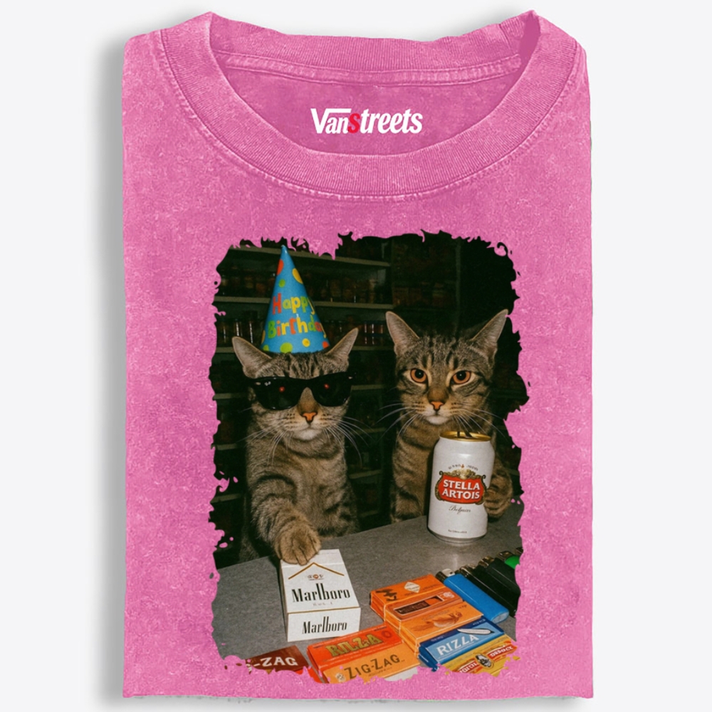 Birthday Party Cats Marlboro Beer Vintage Washed T-Shirt | 100% Cotton | Streetwear Essential