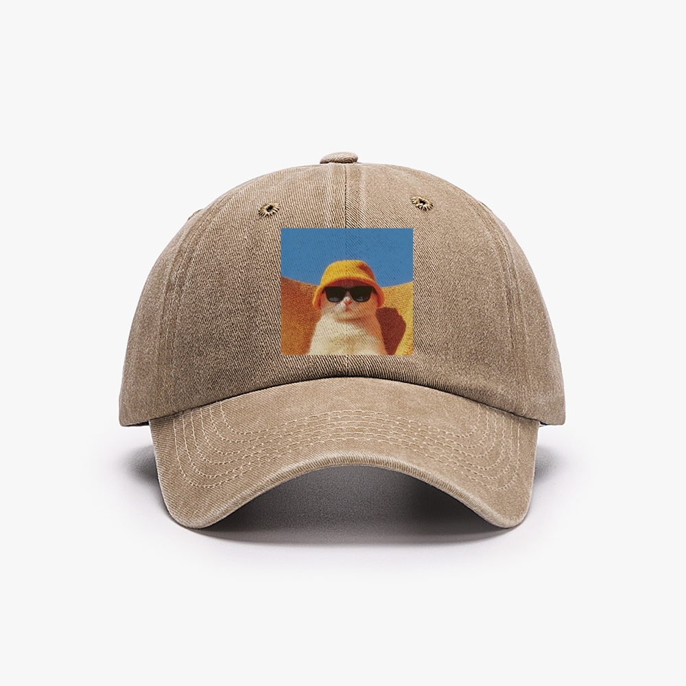 Cool Cat In Yellow Bucket Hat Streetwear Retro Washed Baseball Cap