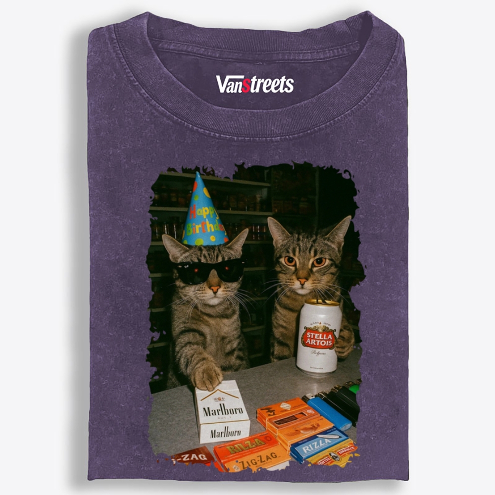 Birthday Party Cats Marlboro Beer Vintage Washed T-Shirt | 100% Cotton | Streetwear Essential