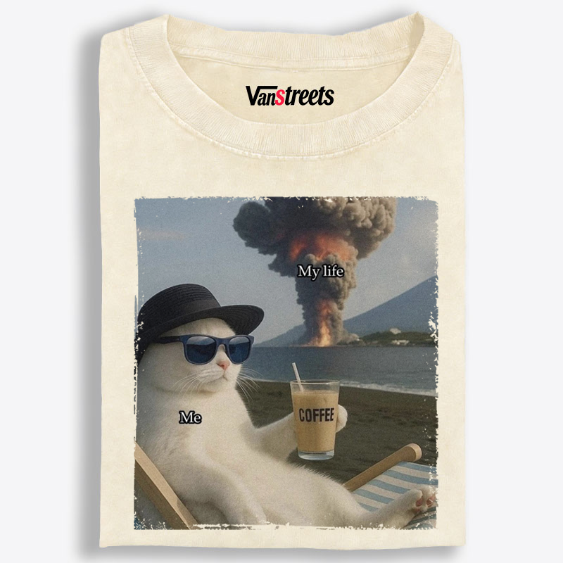 Volcano Coffee Cat "Me vs My Life" Meme Retro Washed T-Shirt | 100% Cotton | Streetwear Essential