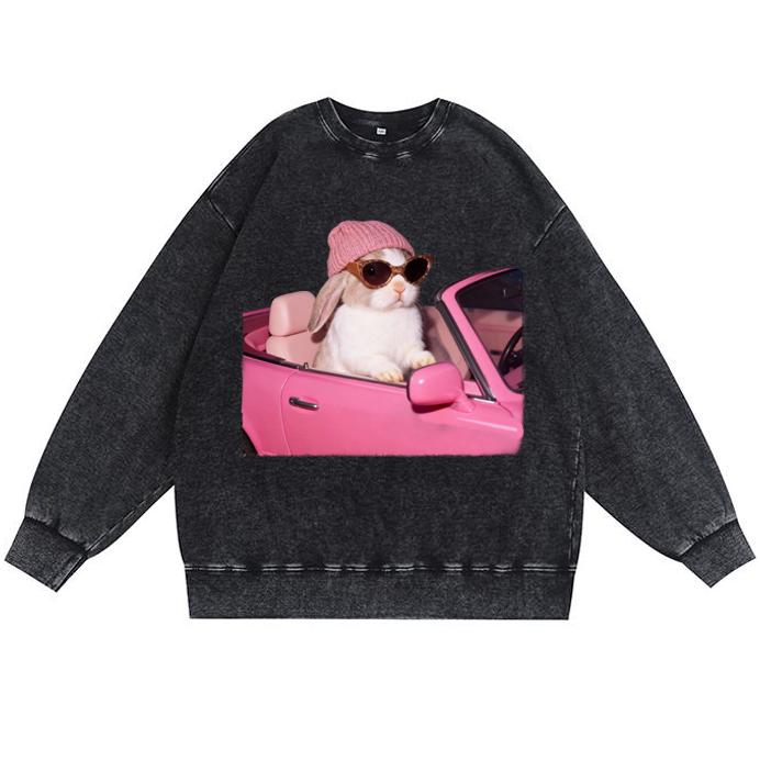 Pink Sports Car Cool Rabbit Retro Washed Sweatshirt