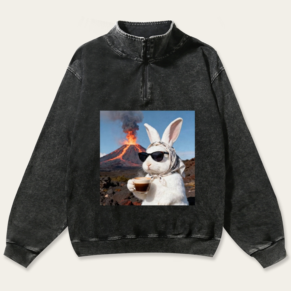 Volcano Coffee Bunny Retro Washed Zip-Up Mock Neck Sweatshirt