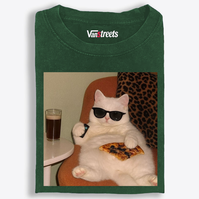 Lazy Cat Pizza & Beer Couch Potato Retro Washed T-Shirt | 100% Cotton | Streetwear Essential