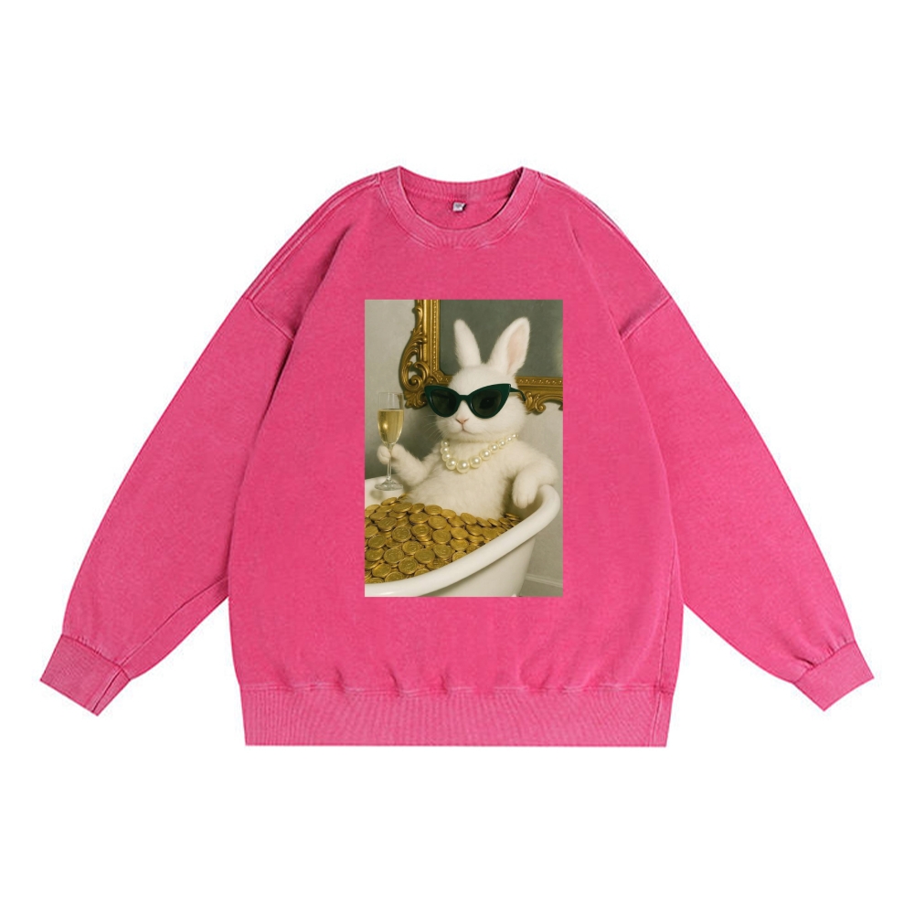 Bathtub Gold Coins Bunny Retro Premium Washed Cotton Crewneck Sweatshirt