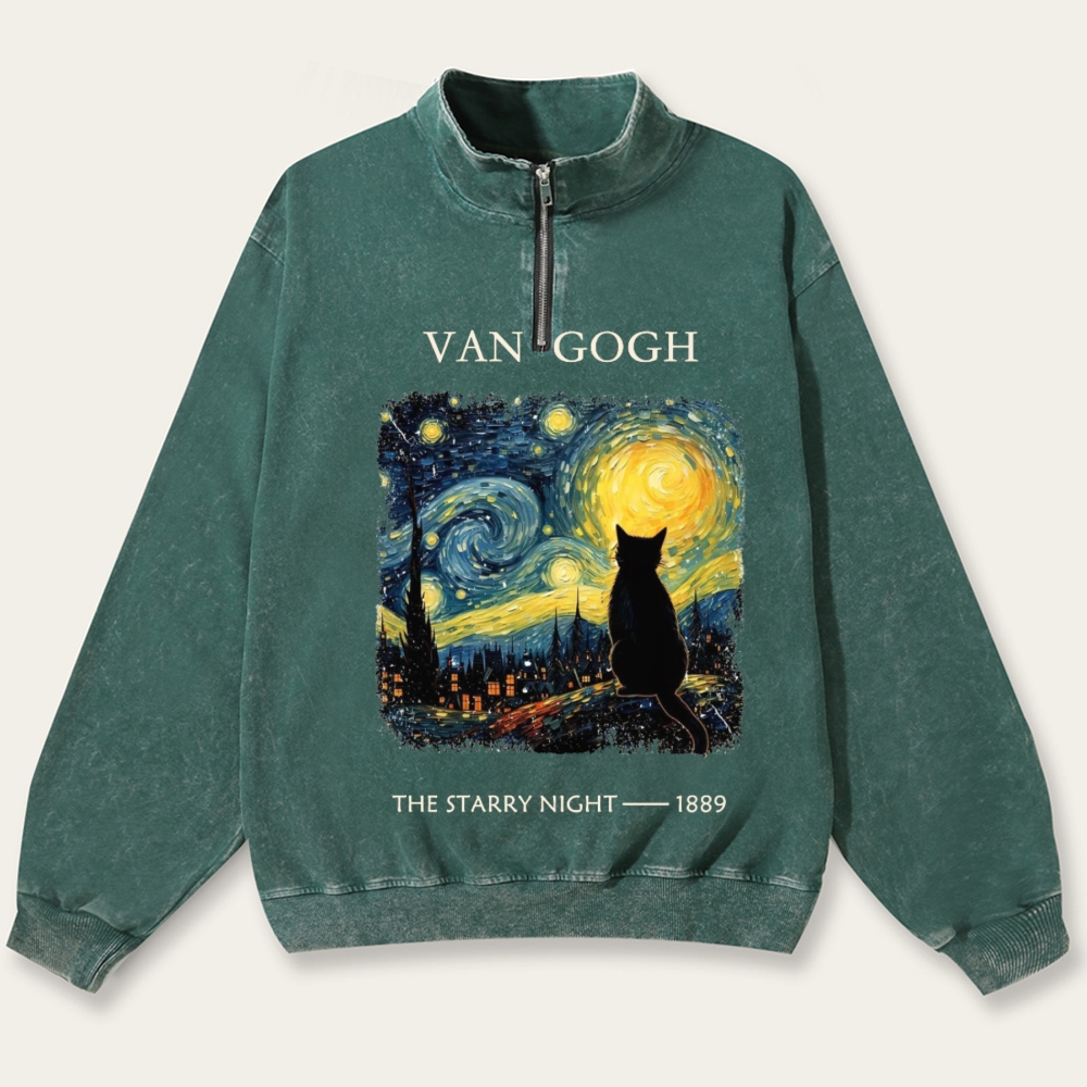 Van Gogh Starry Night Cat Retro Washed Zip-Up Mock Neck Sweatshirt
