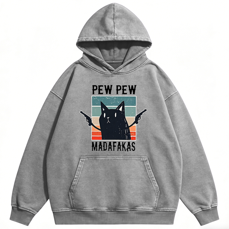 Pew Pew Madafakas Double Gun Cat Retro Washed Hoodide | 100% Cotton | Streetwear Essential