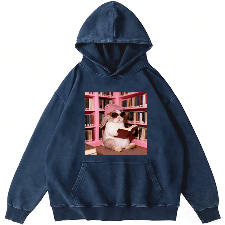 Bunny Bookish Rabbit Retro Washed Hoodide | 100% Cotton | Streetwear Essential