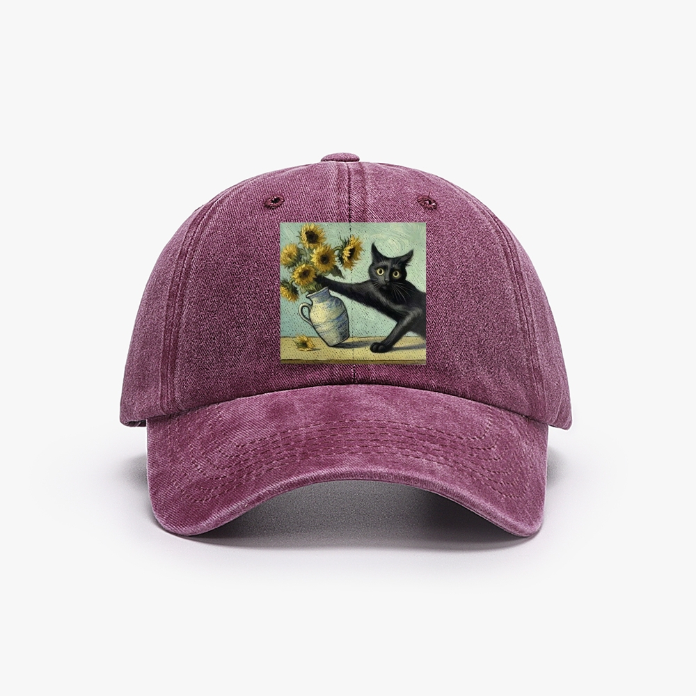 Van Gogh's Cat with Sunflowers Retro Washed Baseball Cap