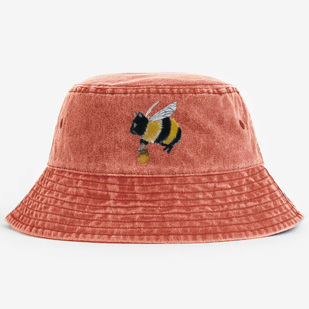 Bee Cat Catching Mouse Retro Vintage Washed Bucket Hat