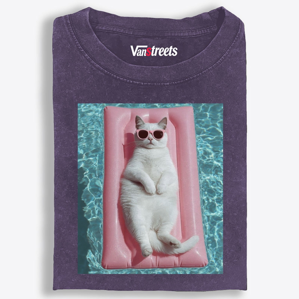 White Cat On Pink Pool Float Meme Retro Washed T-Shirt | 100% Cotton | Streetwear Essential