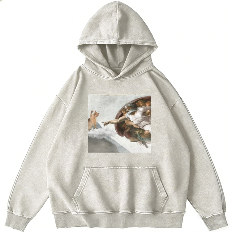 Cat Parody of "The Creation of Adam" Art Retro Washed Hoodie