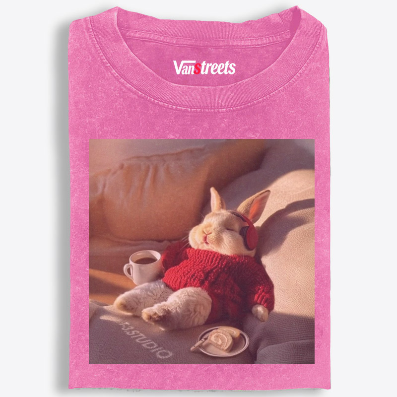 Lazy Coffee Bunny Meme Retro Washed T-Shirt | 100% Cotton | Streetwear Essential