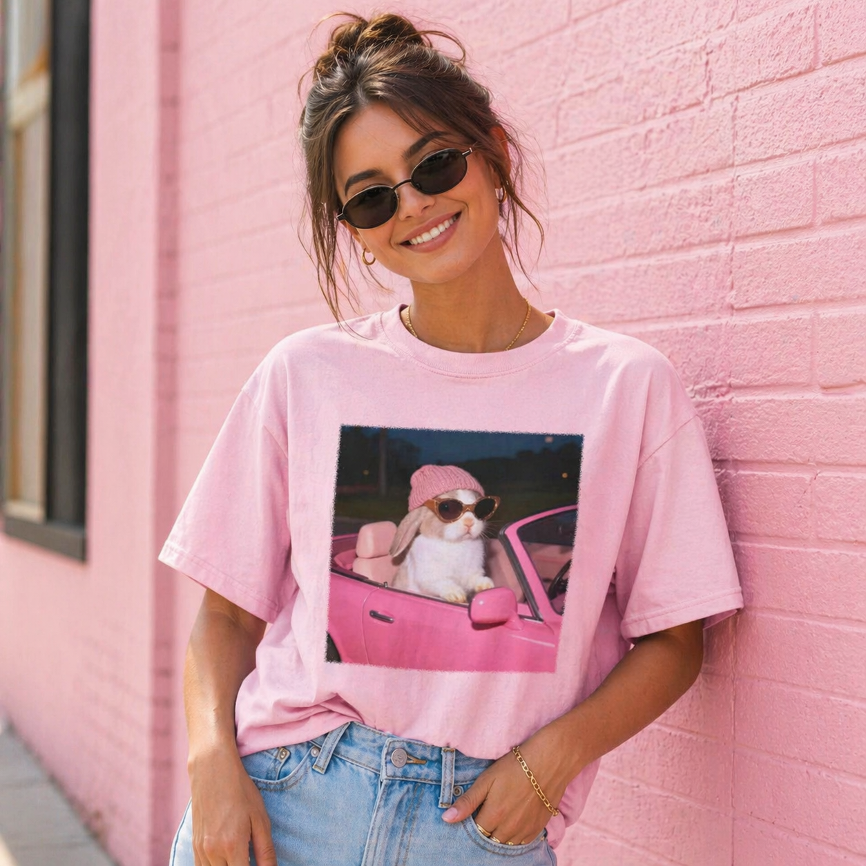 Fashion Bunny Cruising In Pink Car Retro Designed for Women - Slim Fit Cotton Tee