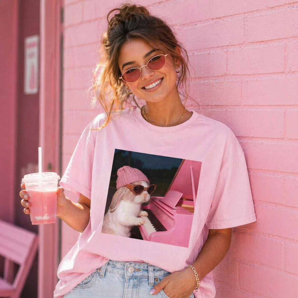 Bunny The Piano Rabbit Retro Designed for Women - Slim Fit Cotton Tee