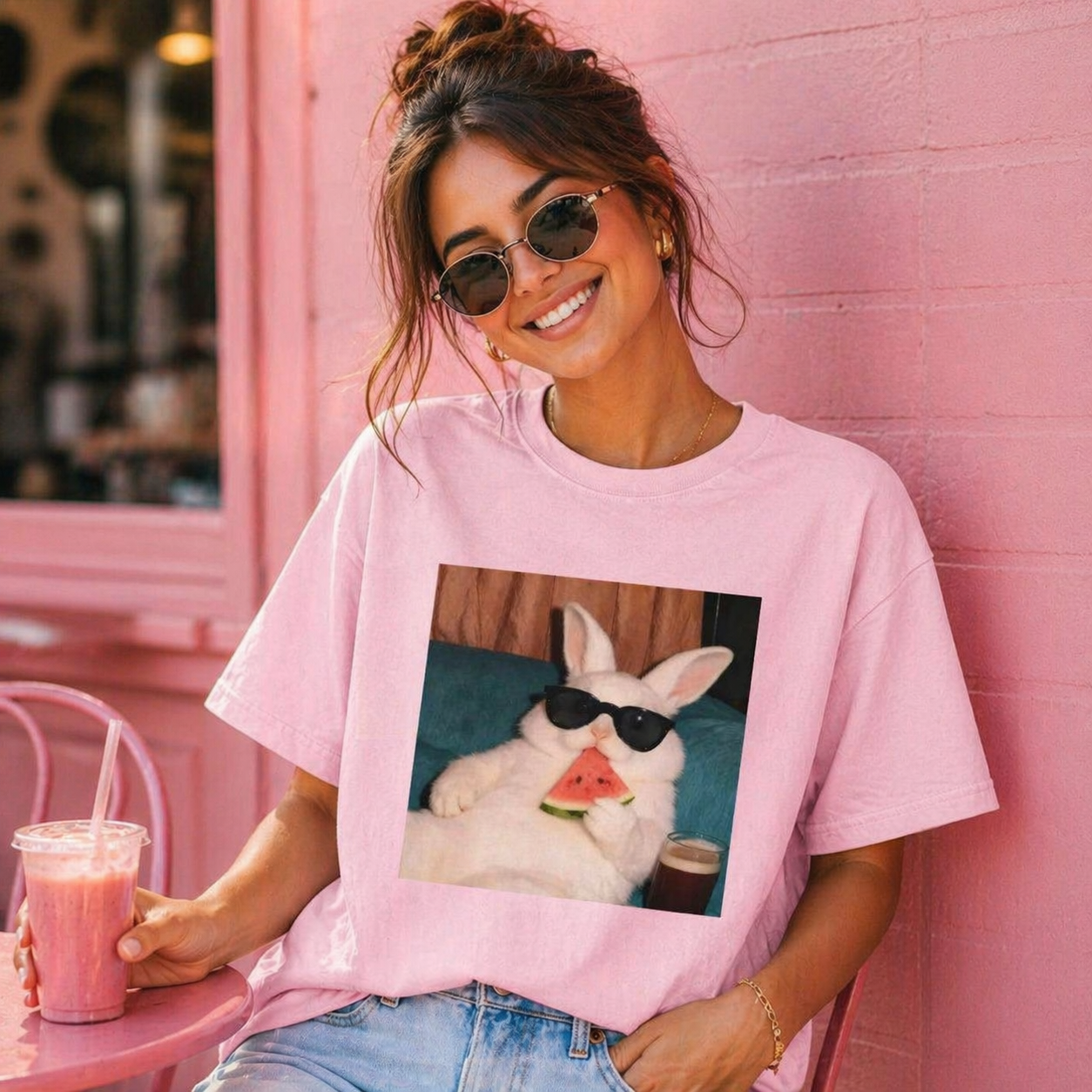 Rabbit Eating Watermelon Sunglasses Retro Designed for Women - Slim Fit Cotton Tee