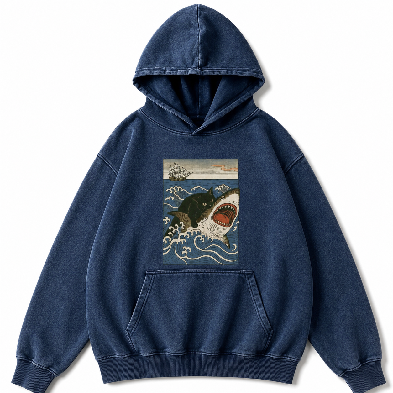 Ukiyo-e Cat Riding Shark Retro Washed Hoodie