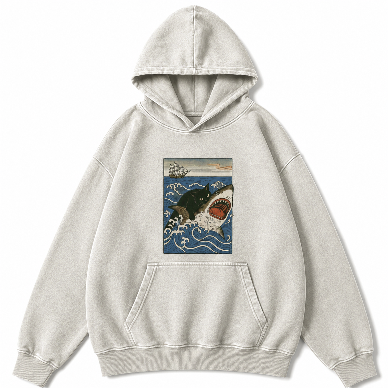 Ukiyo-e Cat Riding Shark Retro Washed Hoodie