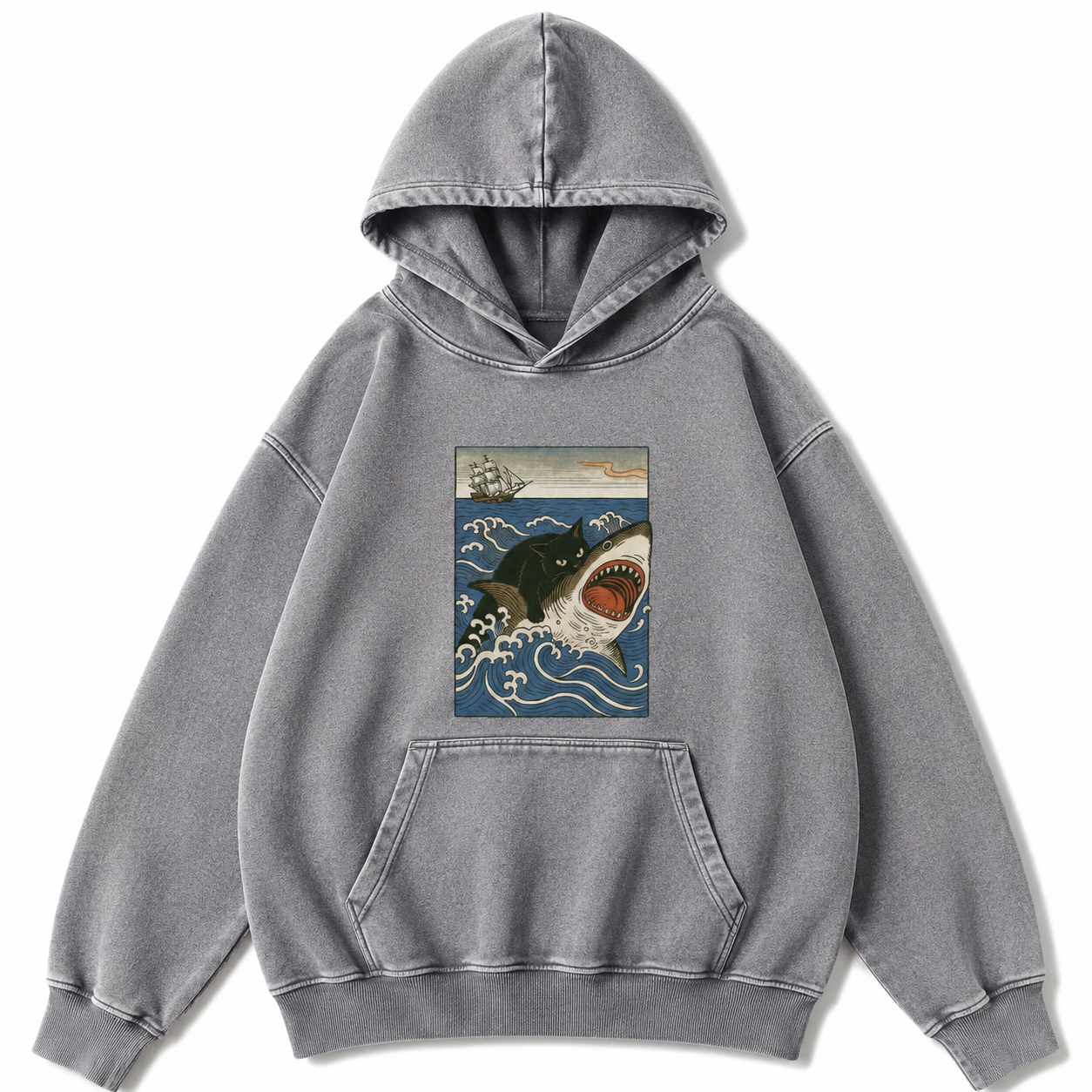 Ukiyo-e Cat Riding Shark Retro Washed Hoodie