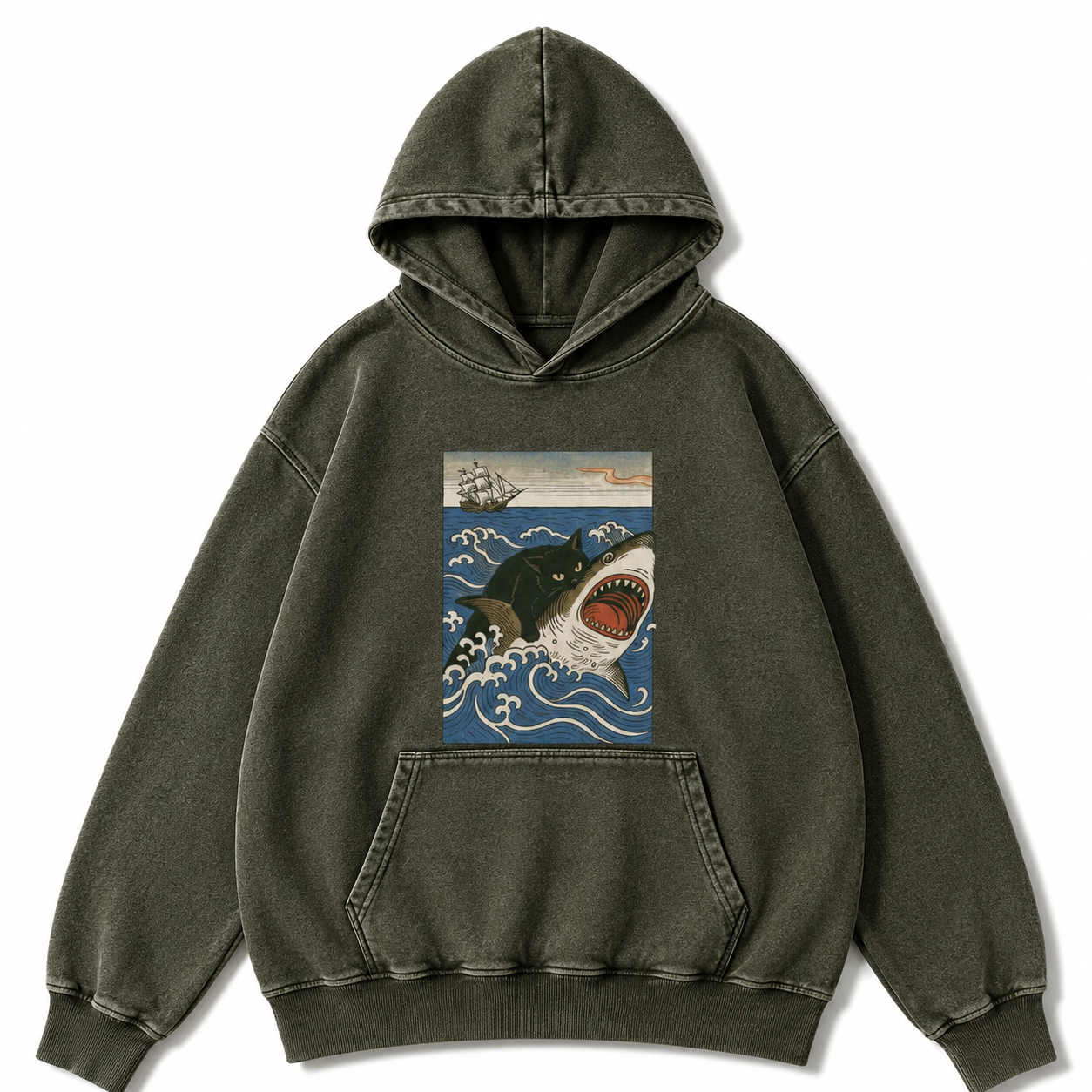 Ukiyo-e Cat Riding Shark Retro Washed Hoodie