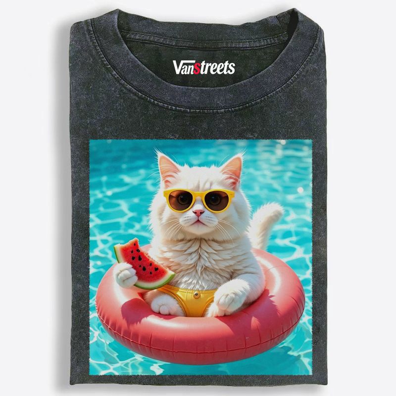Retro Summer Cat & Watermelon Washed T-Shirt | 100% Cotton | Streetwear Essential