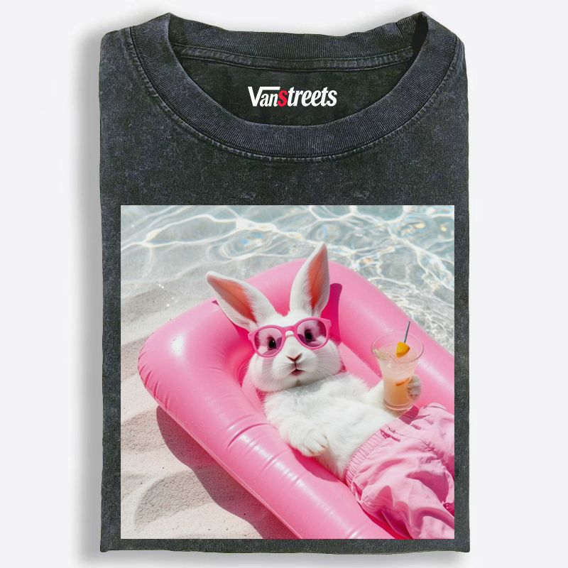 Retro Pink Bunny Vacation Vibes Washed T-Shirt | 100% Cotton | Streetwear Essential