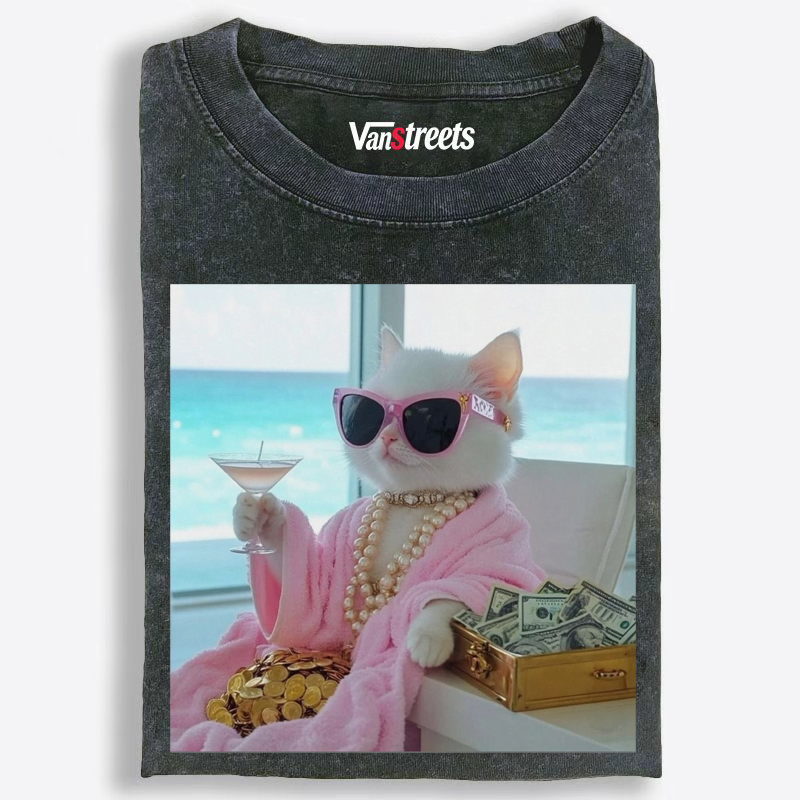 Rich Cat's Beachside Cocktail Hour Washed T-Shirt | 100% Cotton | Streetwear Essential