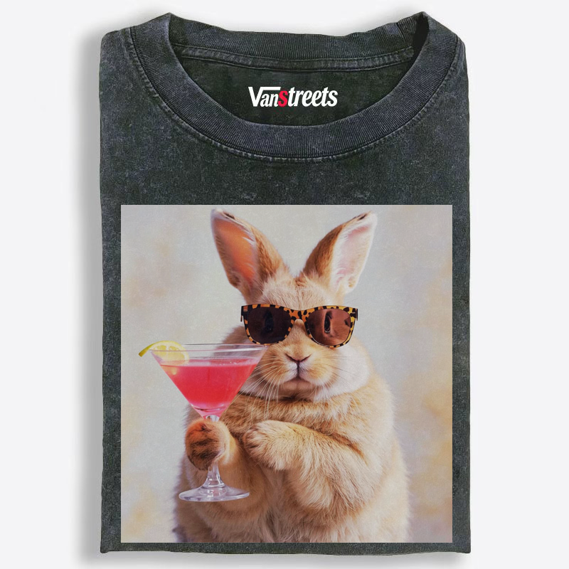 Leopard Print Bunny Cocktail Night Washed T-Shirt | 100% Cotton | Streetwear Essential
