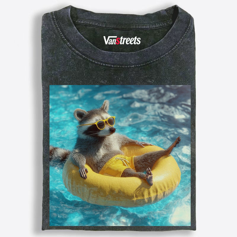 Pool Raccoon's Lazy Float Day Washed T-Shirt | 100% Cotton | Streetwear Essential