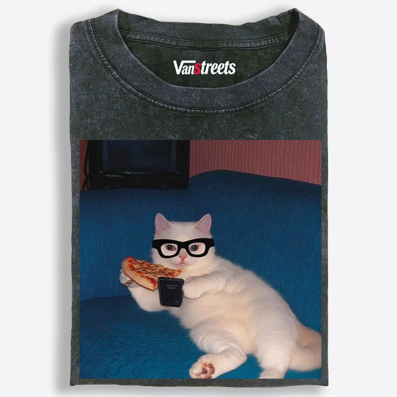 Cat's Pizza Night, No Plans Washed T-Shirt | 100% Cotton | Streetwear Essential