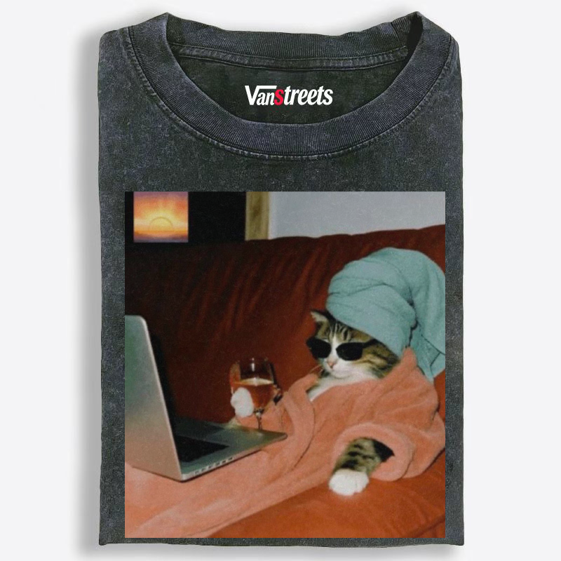 Bougie Work From Home Cat Washed T-Shirt | 100% Cotton | Streetwear Essential