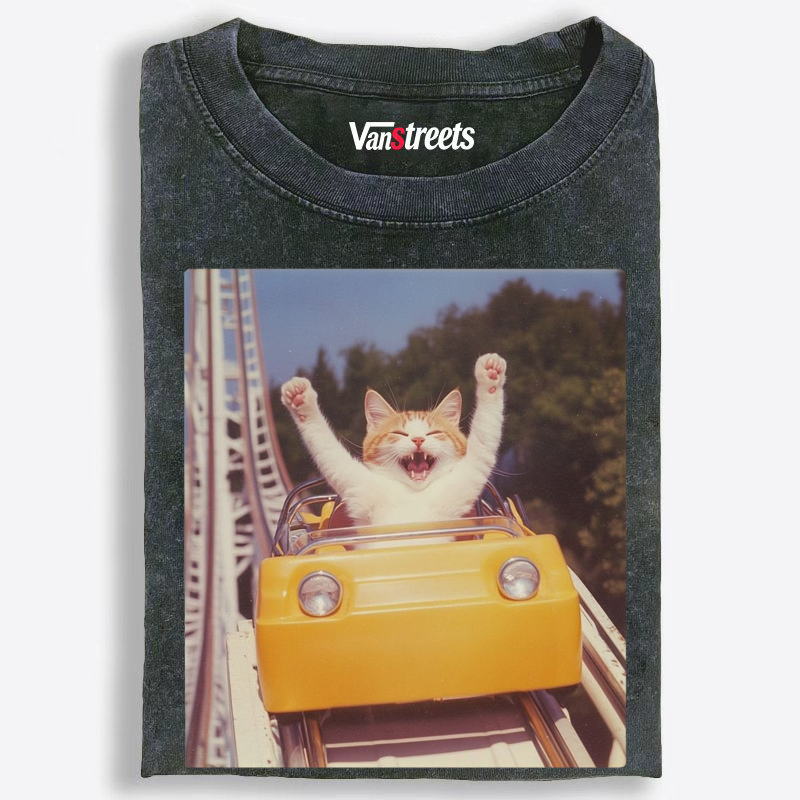 Thrill Seeker Roller Coaster Cat Washed T-Shirt | 100% Cotton | Streetwear Essential