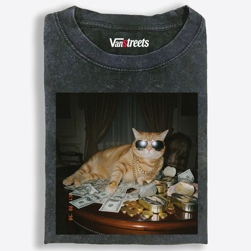 Rich Gangsta Cat Washed T-Shirt | 100% Cotton | Streetwear Essential