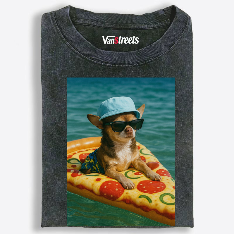 Funny Summer Chihuahua Pizza Float Washed T-Shirt | 100% Cotton | Streetwear Essential