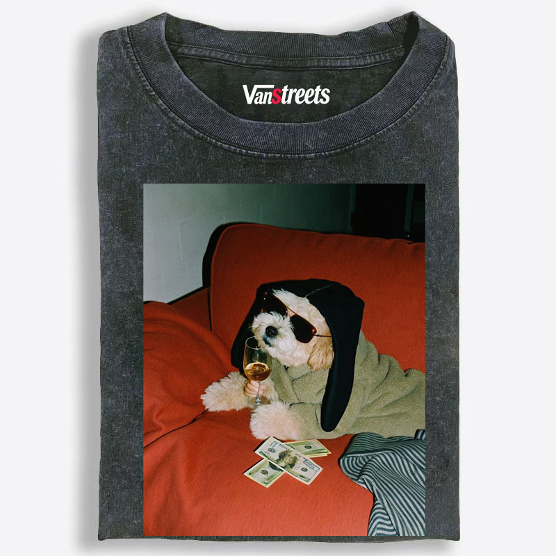Cool Dog With Wine & Cash Retro Washed T-Shirt | 100% Cotton | Streetwear Essential