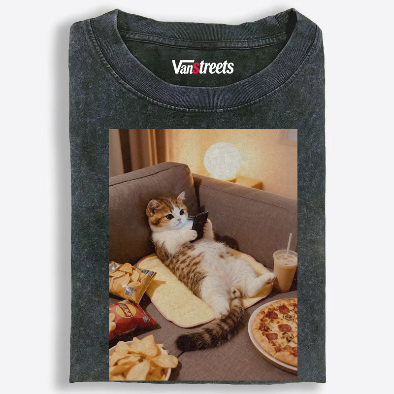Cozy Cat Scrolling Phone With Snacks Washed T-Shirt | 100% Cotton | Streetwear Essential