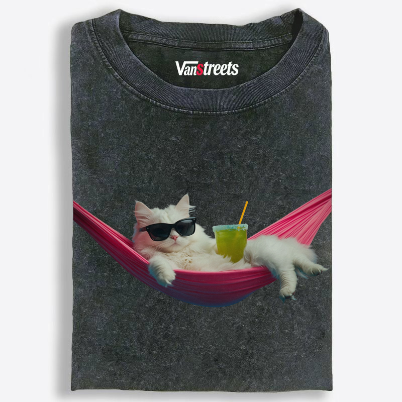 Tropical Hammock Cat Washed T-Shirt | 100% Cotton | Streetwear Essential