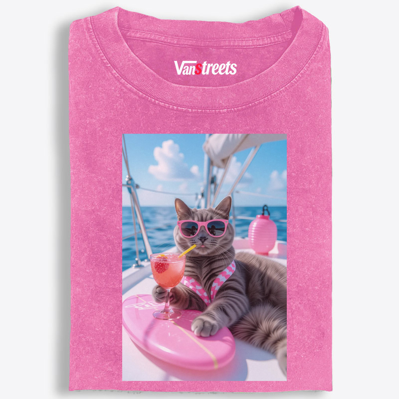 Yacht Vacation Cat Washed T-Shirt | 100% Cotton | Streetwear Essential