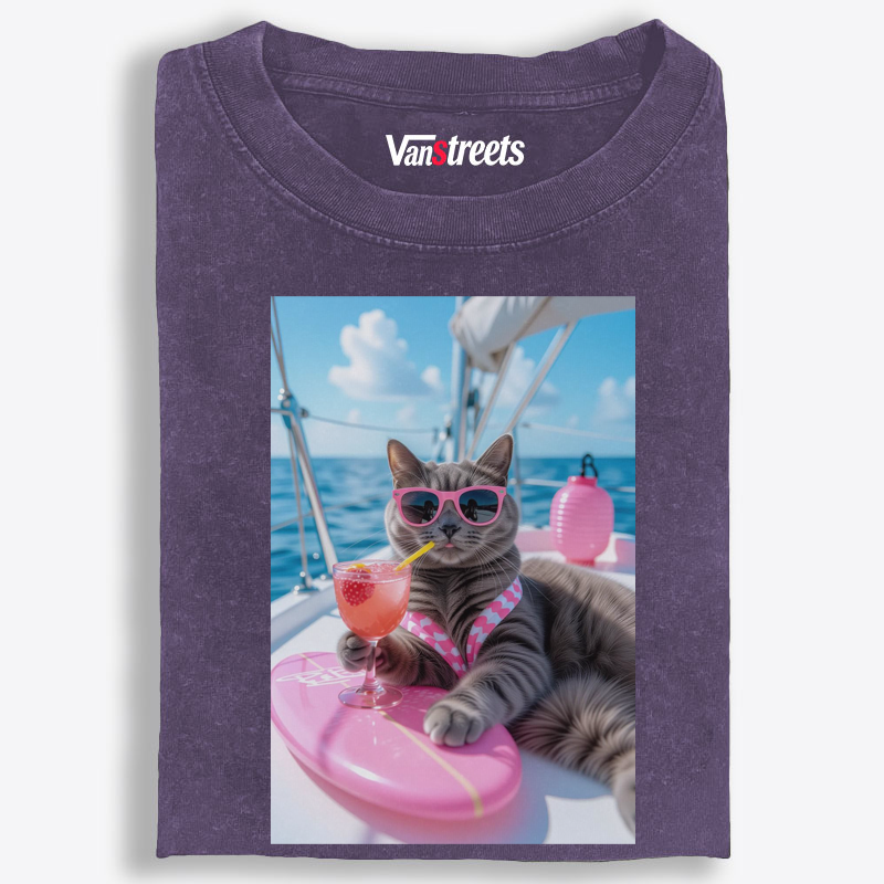 Yacht Vacation Cat Washed T-Shirt | 100% Cotton | Streetwear Essential
