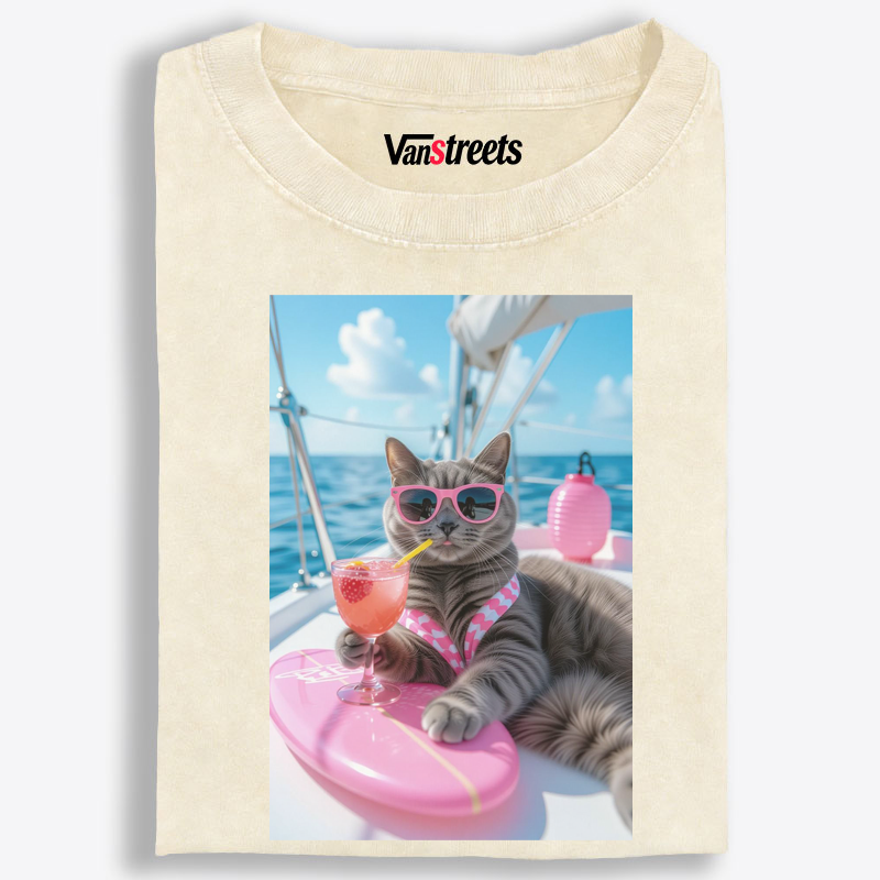 Yacht Vacation Cat Washed T-Shirt | 100% Cotton | Streetwear Essential