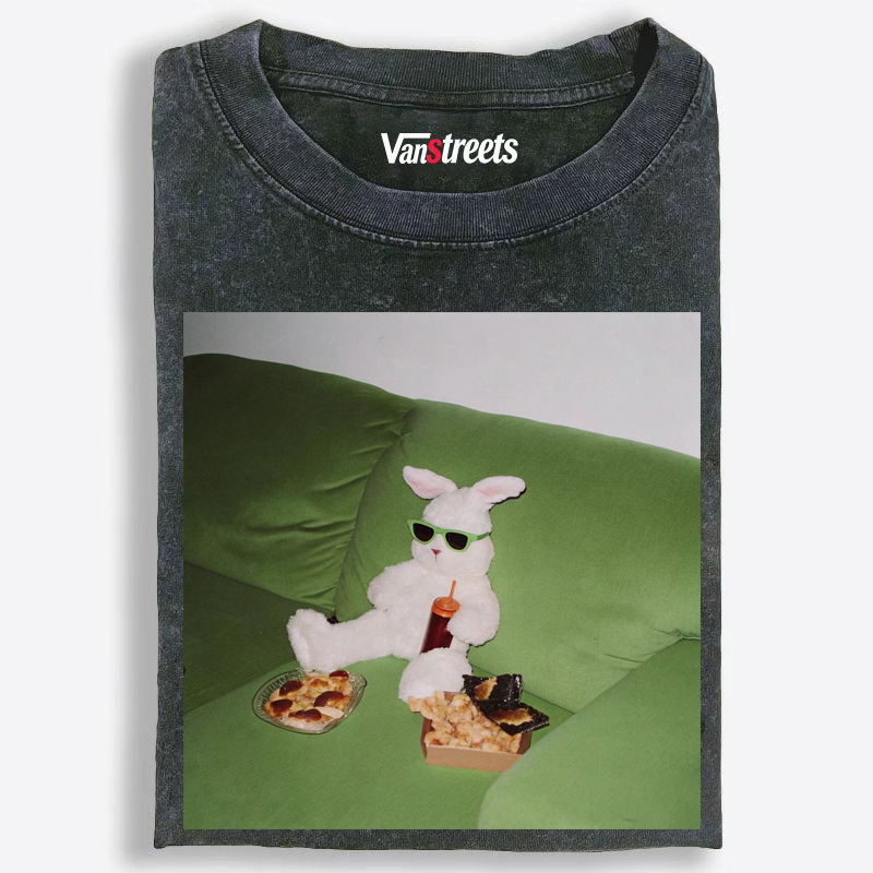 Chill Bunny On Green Couch Washed T-Shirt | 100% Cotton | Streetwear Essential