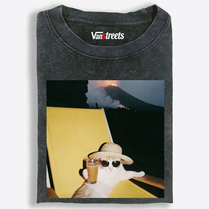 Cool Cat Relaxing With Drink Washed T-Shirt | 100% Cotton | Streetwear Essential