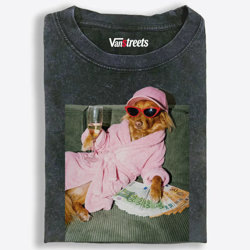 Pink Robe Dog With Champagne Washed T-Shirt | 100% Cotton | Streetwear Essential