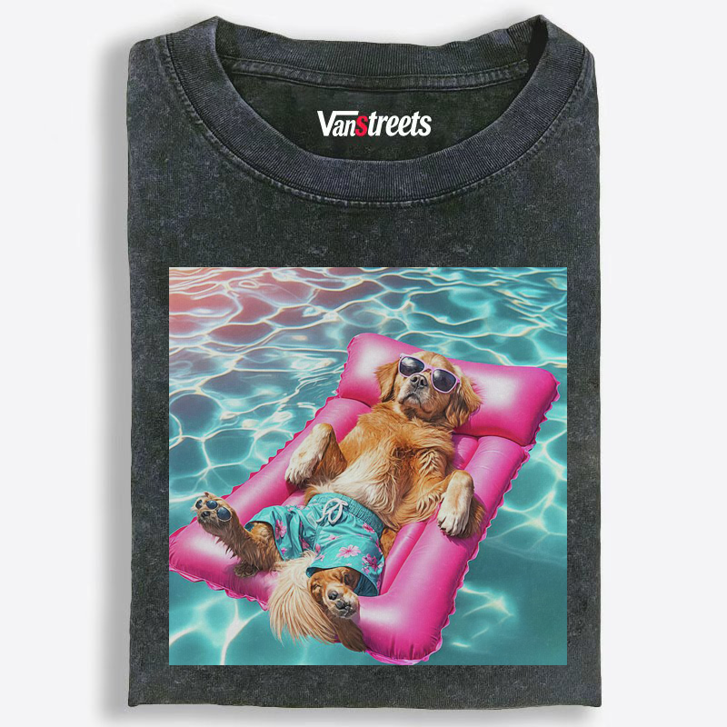 Golden Retriever On Pink Float With Sunglasses Washed T-Shirt | 100% Cotton | Streetwear Essential