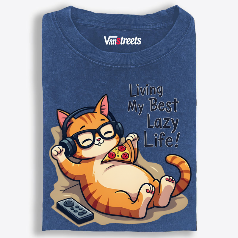 Living My Best Lazy Life Cat Washed T-Shirt | 100% Cotton | Streetwear Essential