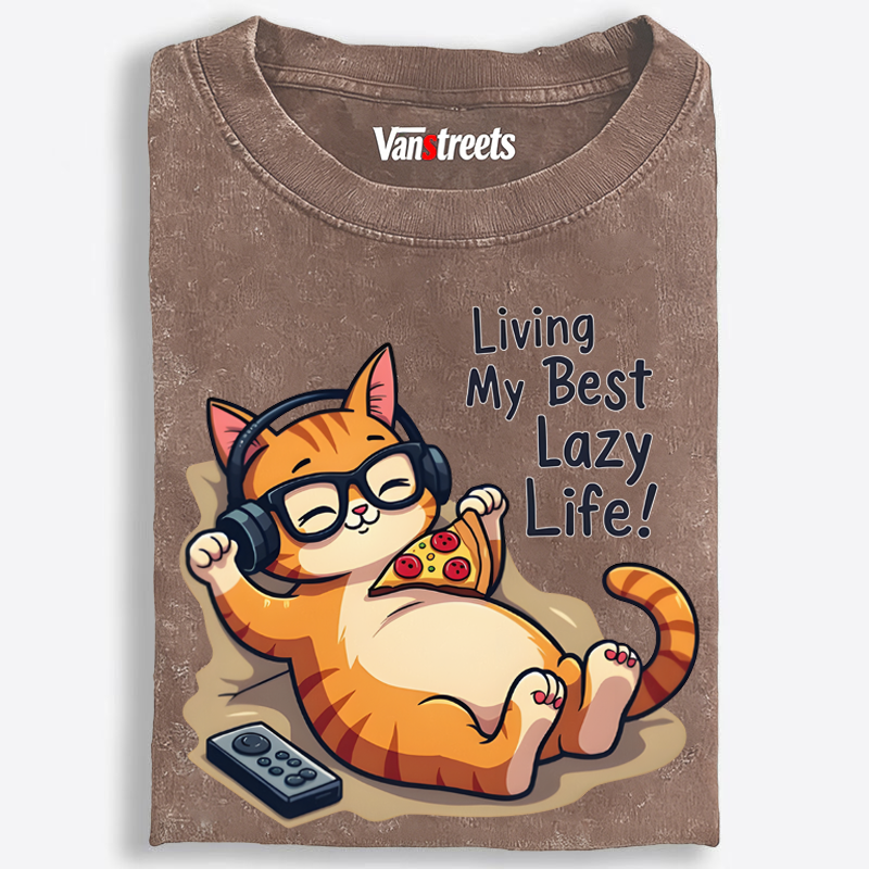 Living My Best Lazy Life Cat Washed T-Shirt | 100% Cotton | Streetwear Essential