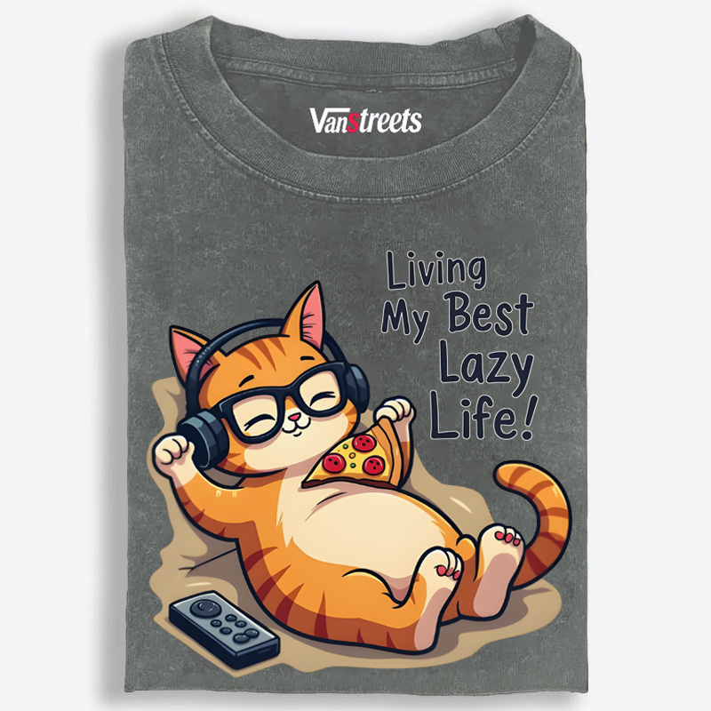 Living My Best Lazy Life Cat Washed T-Shirt | 100% Cotton | Streetwear Essential