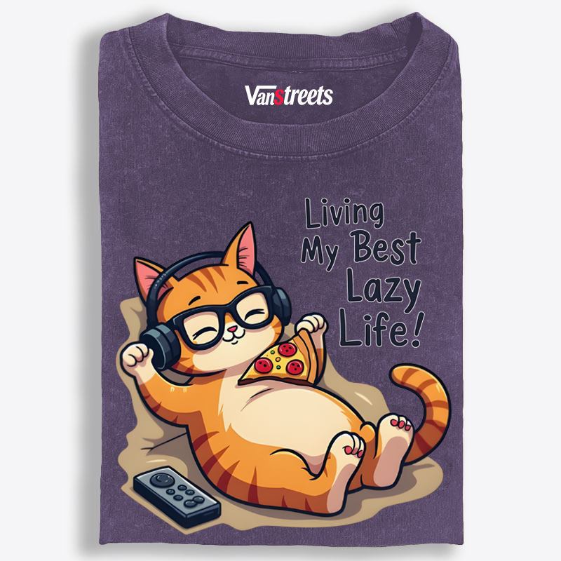 Living My Best Lazy Life Cat Washed T-Shirt | 100% Cotton | Streetwear Essential