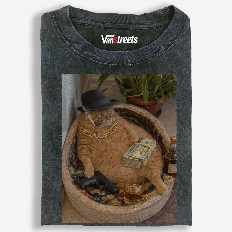 Gangster Orange Cat with Money Washed T-Shirt | 100% Cotton | Streetwear Essential